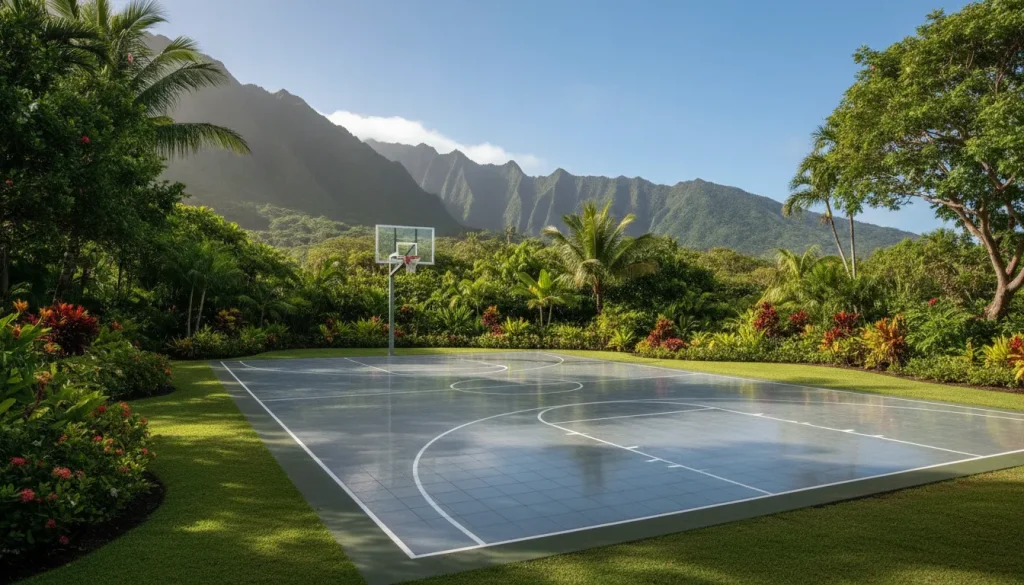 Outdoor basketball court and hoop in a Hawaii setting