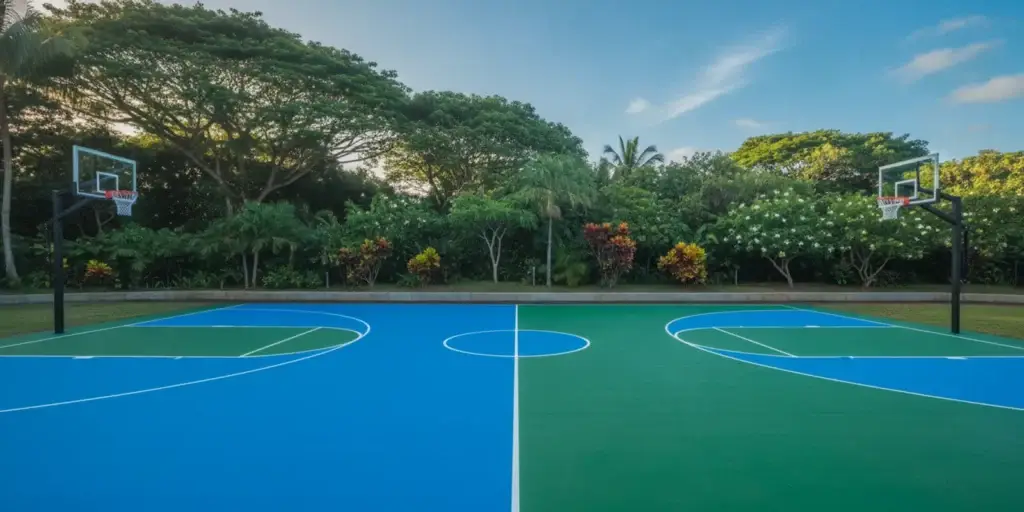 Freshly resurfaced outdoor basketball court in Hawaii with bright, crisp court lines