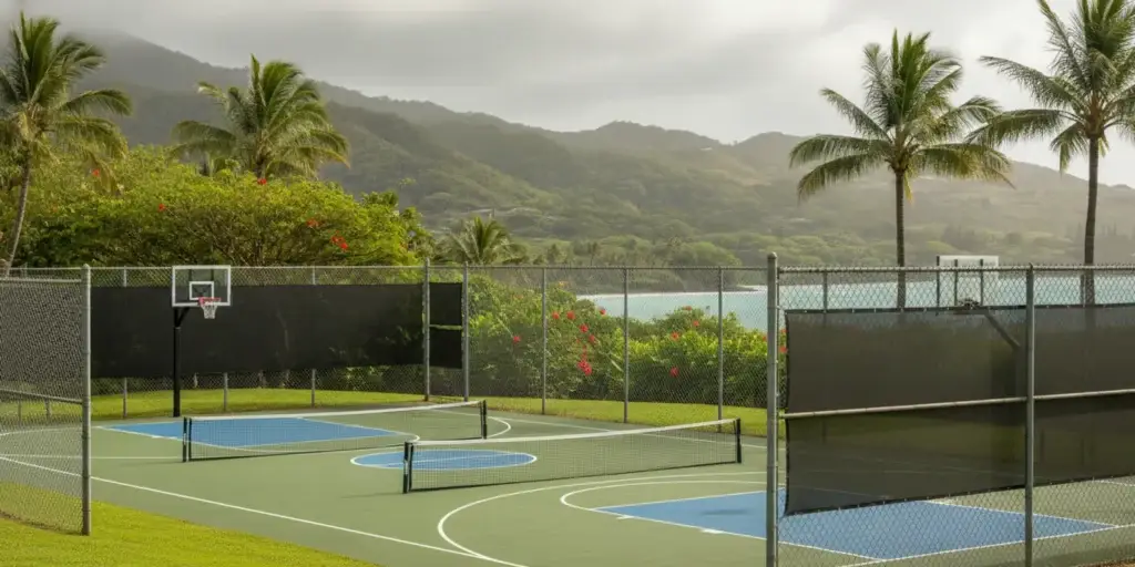 Sports court enclosed by fencing and windscreens in a tropical Hawaii setting