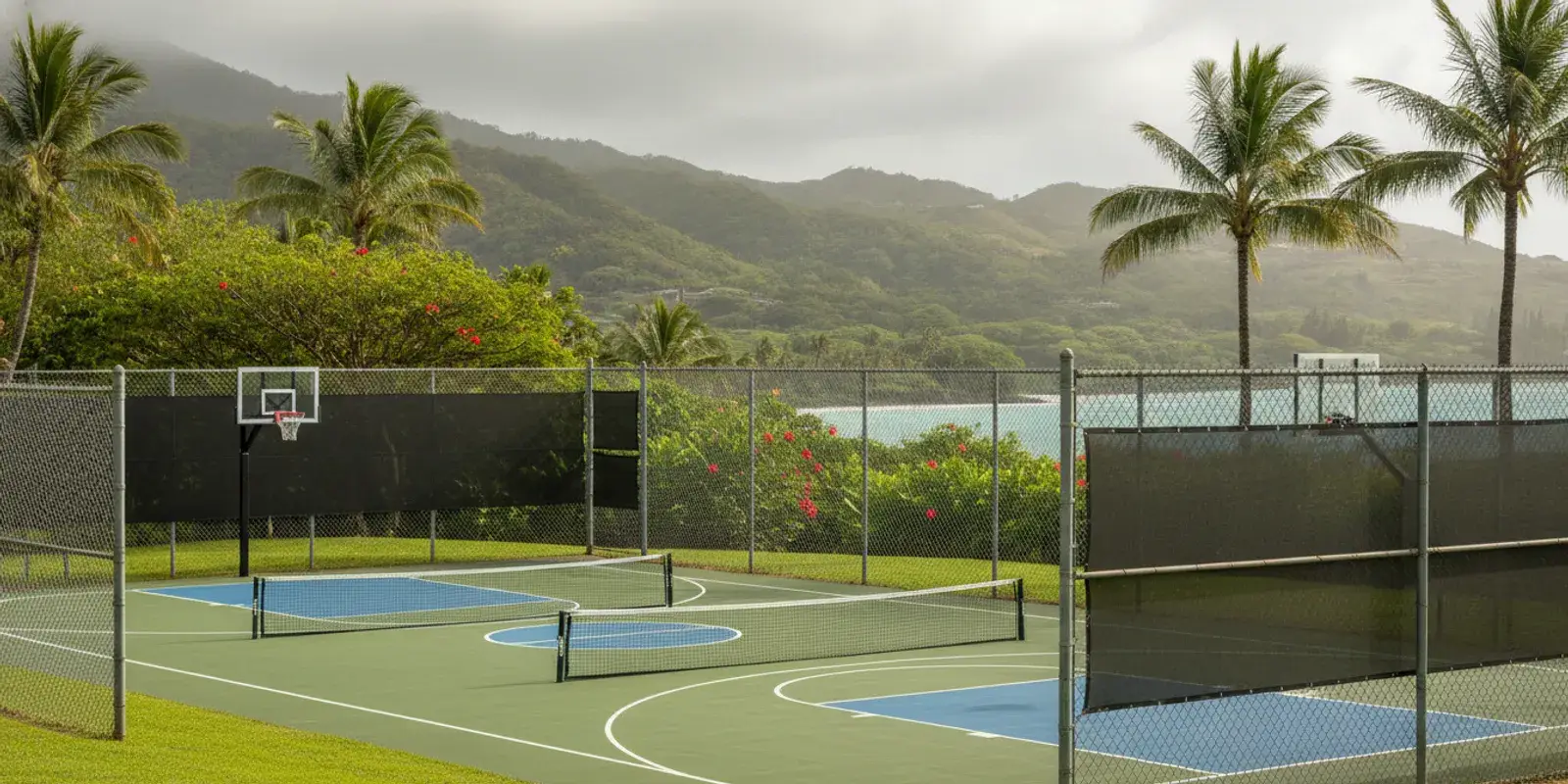 Court fencing and windscreens for a Hawaii sports court