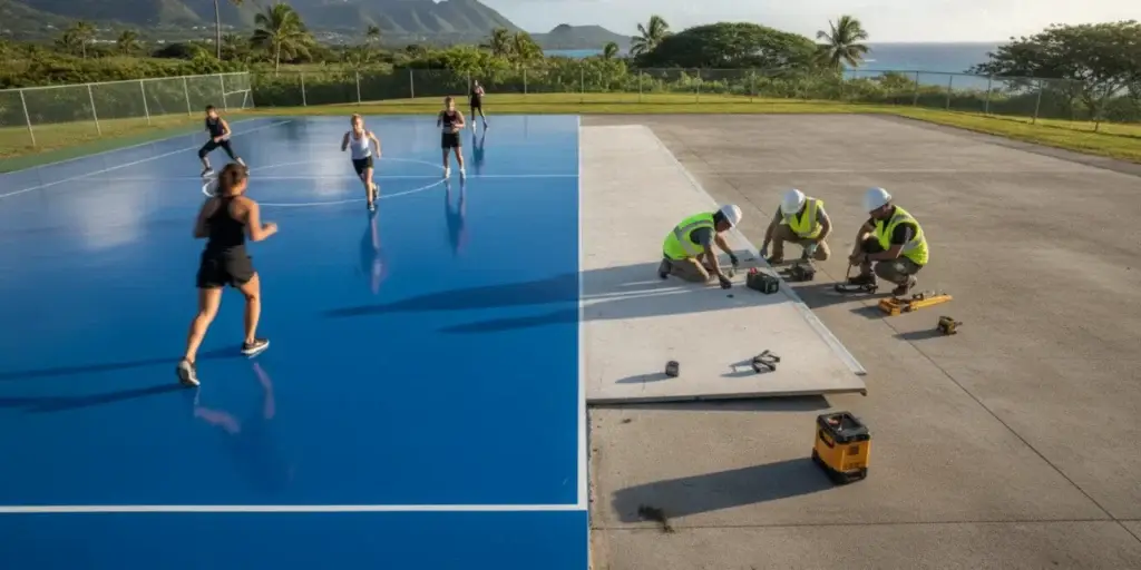 A sports court showing a clean resurfaced playing area beside a section prepared for reconstruction