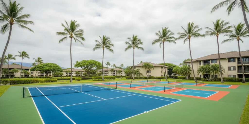 A freshly resurfaced tennis court at a Hawaii condominium community with palm trees in the background