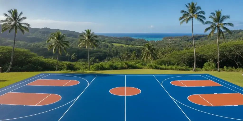 Freshly resurfaced outdoor sports court with clean playing lines in a tropical Hawaii setting