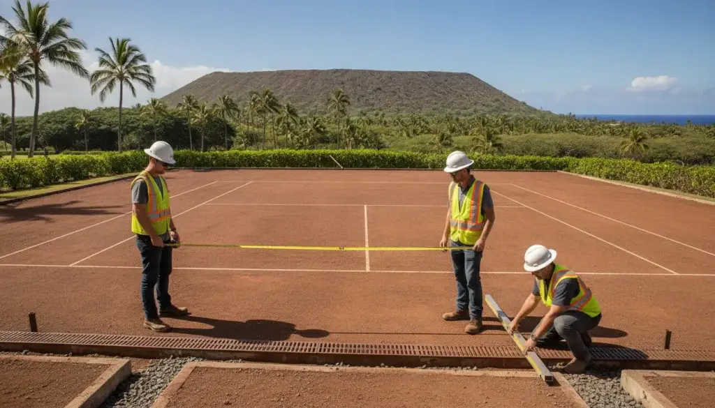 Court construction crew measuring a prepared tennis court base in Hawaii