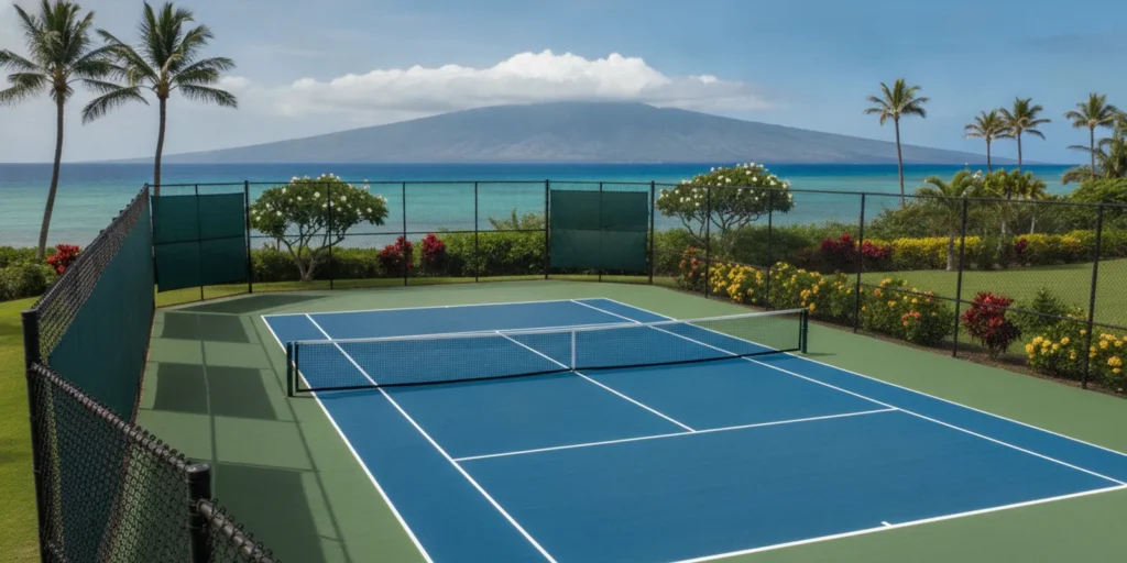 Tennis court enclosed by fencing with green windscreens in a tropical Hawaii setting