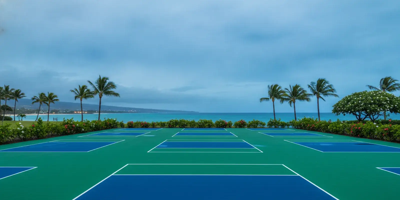 Freshly resurfaced outdoor sports court near the Hawaiian coast with blue and green acrylic playing surfaces
