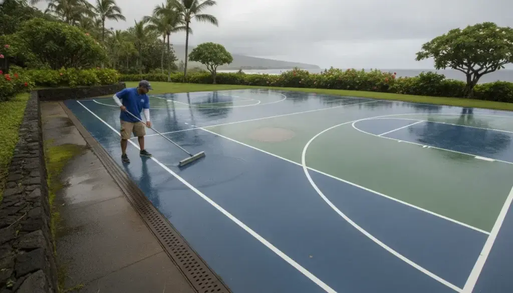 Sports court maintenance in Hawaii, showing a clean outdoor court with visible surface and drainage conditions