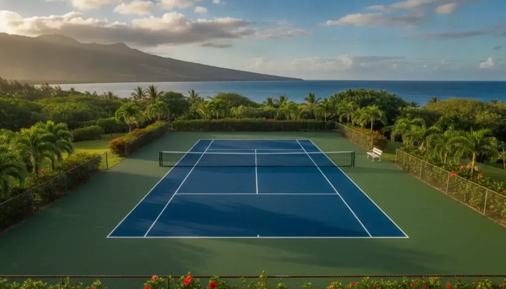 Blue and green Hawaii tennis court beside the ocean