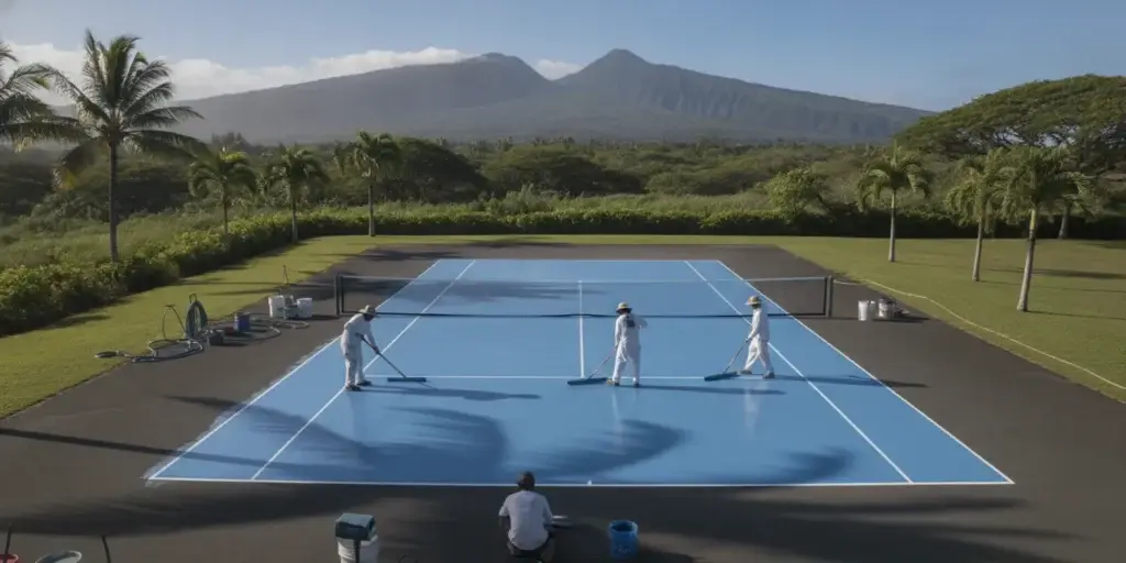 Crew preparing and coating an outdoor sports court in Hawaii