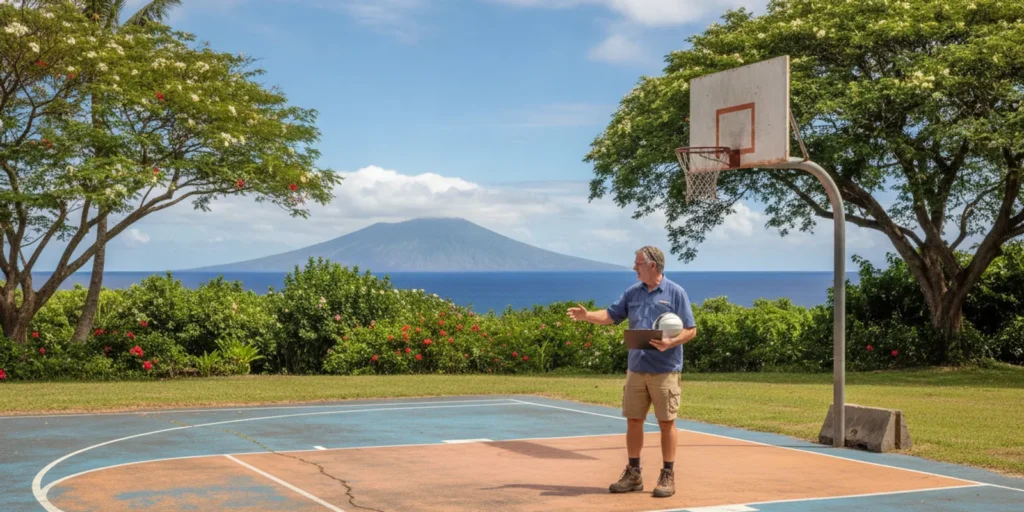 Outdoor basketball court in Hawaii with a contractor reviewing the playing surface and site conditions