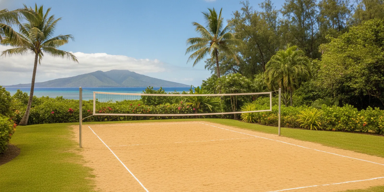 Outdoor volleyball court with net and fresh sport surface in a tropical Hawaii setting
