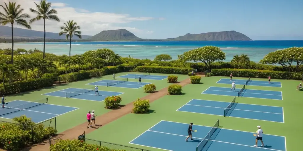 A completed outdoor pickleball court in Hawaii with clear court markings and surrounding greenery
