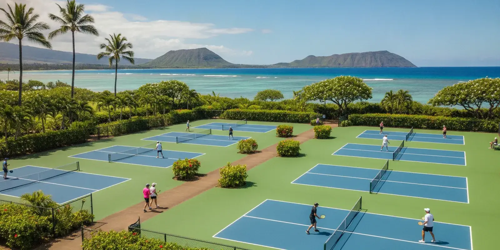 A completed outdoor pickleball court in Hawaii with clear court markings and surrounding greenery
