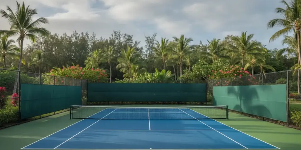 Tennis court windscreen secured along a chain-link fence at a Hawaii court