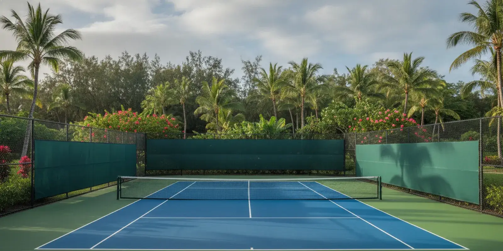 Tennis court windscreen secured along a chain-link fence at a Hawaii court
